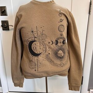 Blind Rooster Tan Graphic Embroidered Planets and Moon Sweatshirt